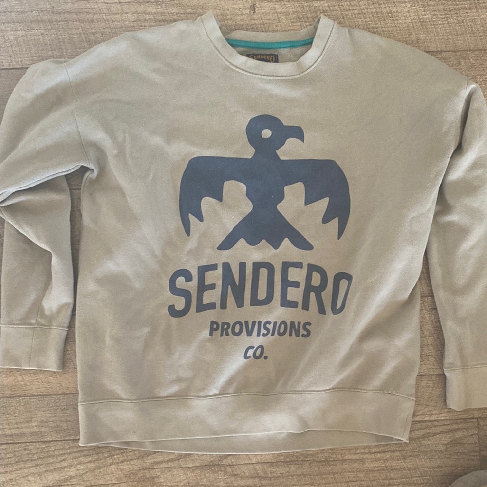 Tan/Green Crewneck Sweater with Ribbed Cuffs and Minimalist Design